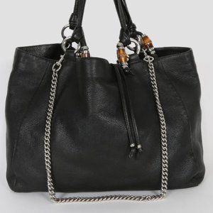 Gucci Black Leather Shopping Tote Bamboo